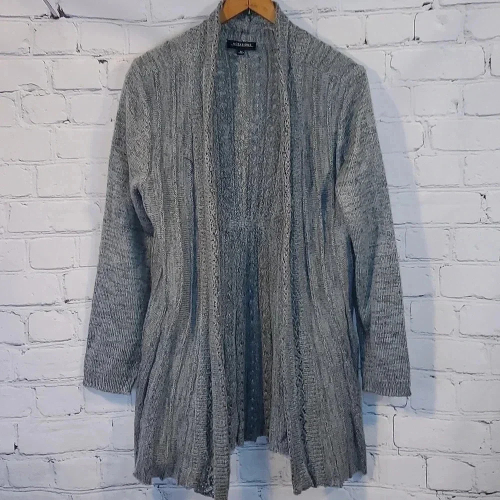 Notations Womens Medium Gray Cardigan Open Front Crinkle Pleated Back